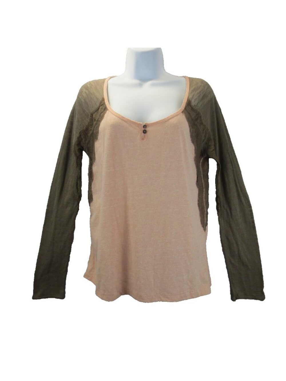 We the Free Womens L Henley Blackout & Lace Sleeves LS Boho Hippie Tee T-Shirt